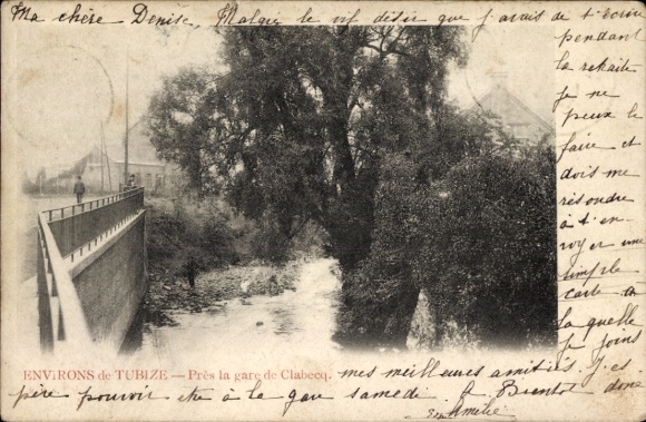 Ak Tubize Wallonisch Brabant, Brücke, Fluss, Bäume, schwarz-weiß Photo