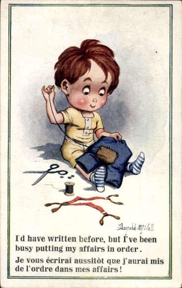 Artist Postcard McGill, Donald, Boy sewing his pants