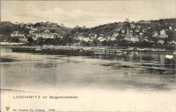 Ak Dresden Loschwitz, Fluss mit Binnenschiff, Bergschwebebahn, Stadtansicht