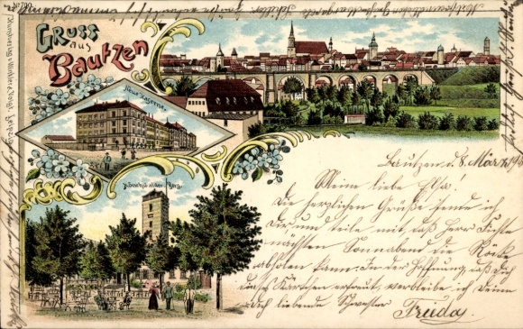 Litho Bautzen in der Oberlausitz, Gesamtansicht, Neue Kaserne, Aussichtsturm, Gastwirtschaft