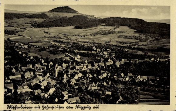 Postcard Wäschenbeuren in Württemberg, aerial view of Hohenstaufen in the background