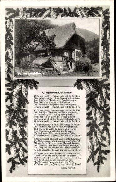 Postcard Black Forest House, poem L. Auerbach, pine cones