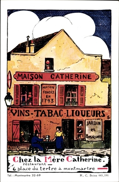 Artist Postcard Paris XVIII, Restaurant Chez la Mere Catherine, Place du tertre in Montmartre