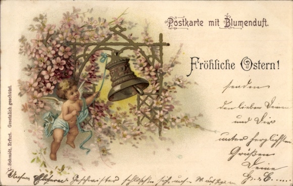 Ak Erfurt in Thüringen, Engel mit Glocke, Blumen und Spruch: Fröhliche Ostern!