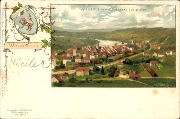 Artist Chromo-Litho Münch, C., Waldshut Tiengen am Hochrhein, panorama from Mühleberg, coat of arms