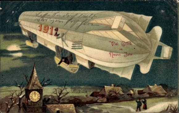 KP w blasku księżyca Szczęśliwego Nowego Roku 1912, Zeppelin, zegar