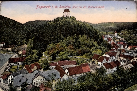 Postcard Ziegenrück on the Saale Thuringia, Saale valley, view from the Pohlmannsbank, landscape, houses