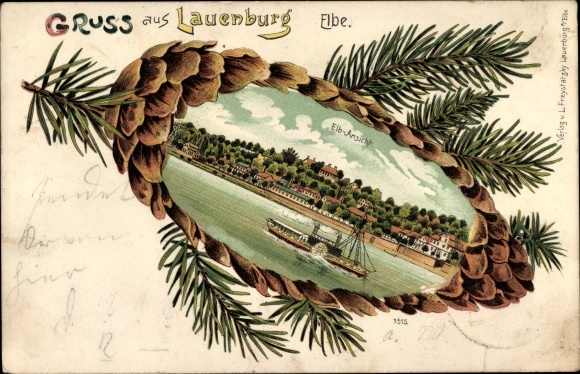Fir cones Chromo-Litho Lauenburg an der Elbe, view of the Elbe, steamer