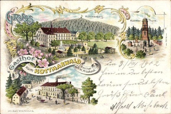 Litho Walddorf Kottmar Oberlausitz, Kottmarberg, Kottmarturm, Gasthof zum Kottmarwald, F.W. Missbach