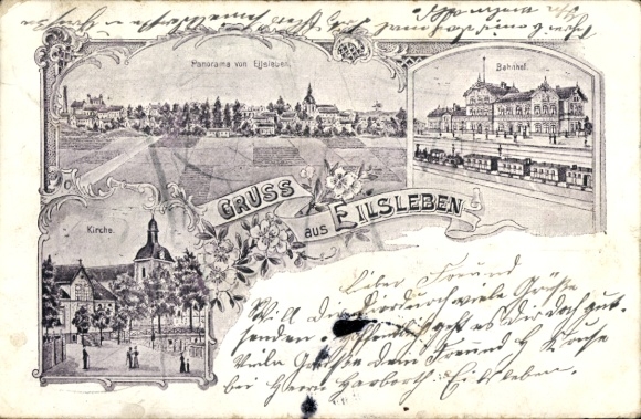 Chromo-Litho Eilsleben in Saxony Anhalt, church, train station, panorama