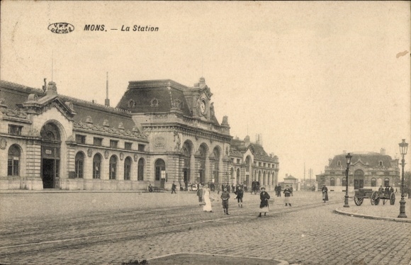 Postcard Mons Wallonia Hainaut, train station people on the street,