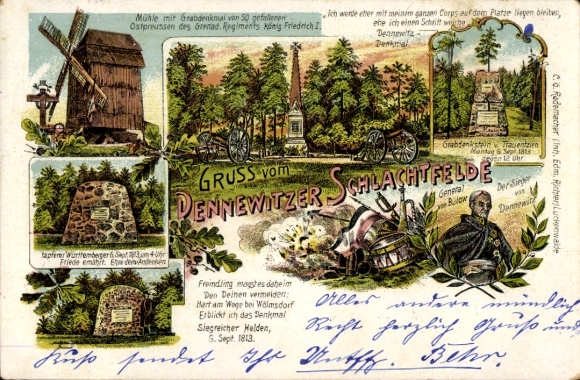 Litho Dennewitz Niedergörsdorf in Brandenburg, Schlachtfeld, General von Bülow, Gedenksteine
