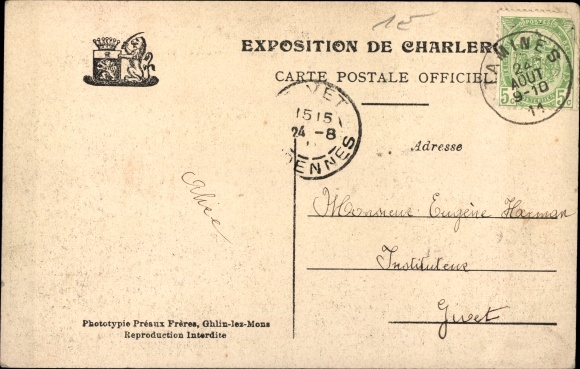 Postcard Charleroi Wallonia Hainaut, Exhibition 1911, Warocque and Cida Pavilions