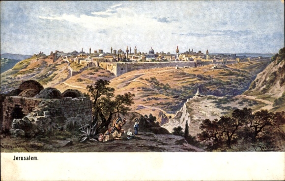 Postcard Jerusalem Israel, Historical view of green landscape, mountains and cityscape.