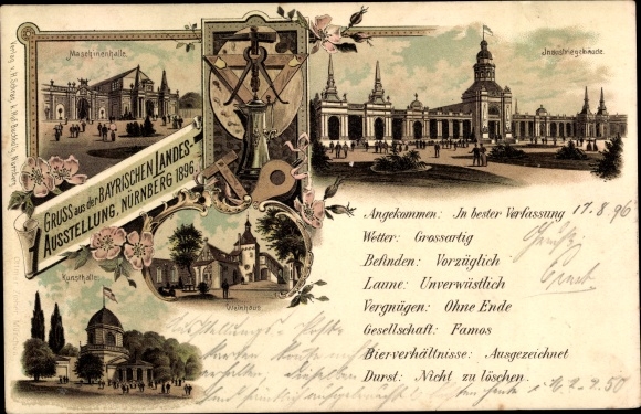 Chromo-Litho Nuremberg, Bavarian State Exhibition 1896, art gallery, industrial building, machine hall