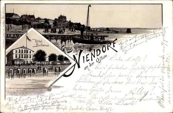 Vorläufer Litho Ostseebad Niendorf Timmendorfer Strand, Hotel Bellevue, Segelboot am Strand, 1895