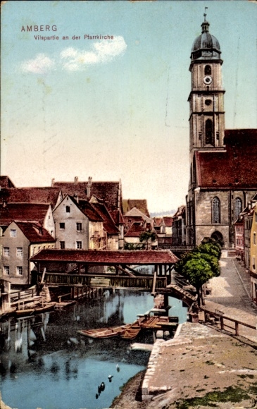 Ak Amberg in der Oberpfalz Bayern, Stadtansicht, Pfarrkirche, Gewässer, historische Architektu...