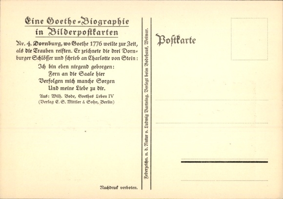 Artist Postcard Dornburg an der Saale Thuringia, Goethe biography, poem, No. 4