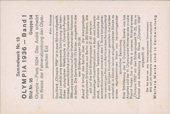 Collector's card Olympics 1936, Olympic Games Paris 1924, Géo André, Olympic Oath