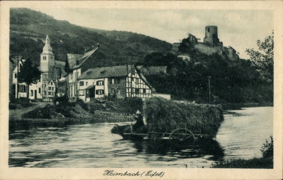 Picture Heimbach in the Eifel, black and white photograph, river, boats, buildings, ruins