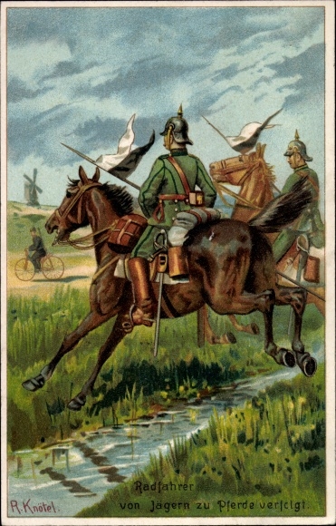 Artist Chromo-Litho Knötel, R., Cyclist pursued by hunters on horseback, German Empire