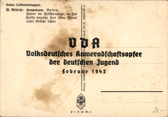 Artist Postcard Willrich, Wolfgang, airborne troops, Captain Egon Delica, Knight's Cross recipient