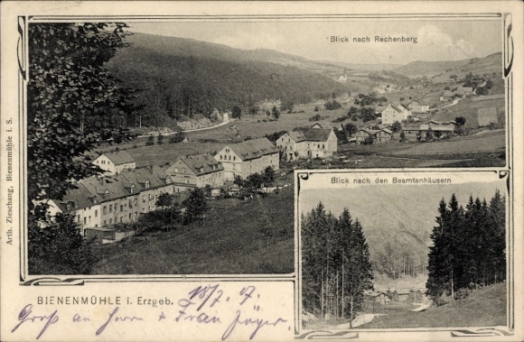 Ak Bienenmühle im Erzgebirge, Panorama, Blick nach Rechenberg, Beamtenhäuser