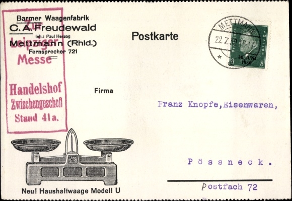 Postcard Mettmann in North Rhine-Westphalia, Barmer Waagenfabrik, CA Freudewald, owner Paul duke