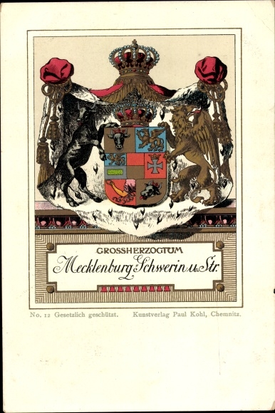 Wapen litho Groothertogdom Mecklenburg Schwerin en Strelitz
