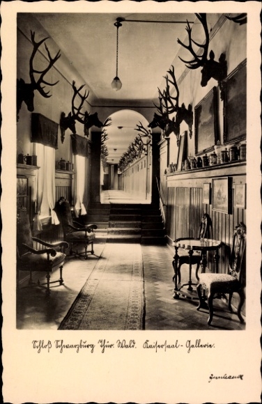 Postcard Schwarzburg im Schwarzatal Thuringia, Schwarzburg, Kaisersaal Gallery, antlers on the walls