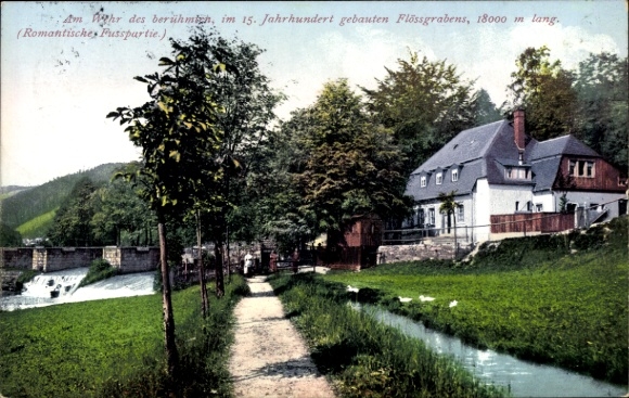 Postcard Albernau Zschorlau Erzgebirgskreis, Bockau, weir, raft ditch, Rechenhaus inn