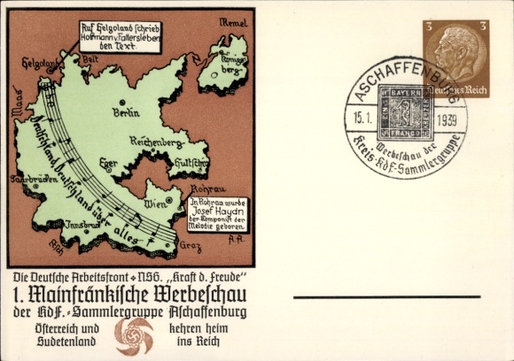 KP z artykułami pocztowymi Aschaffenburg, 1. Mainfränkische Werbeschau 1939, grupa kolekcjonerska KdF, Deutschlandlied