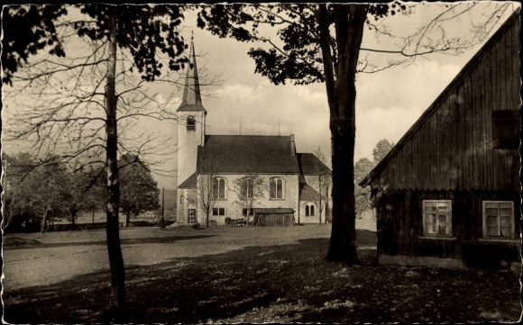 Postcard Hammerbrücke Vogtland, church, wooden house