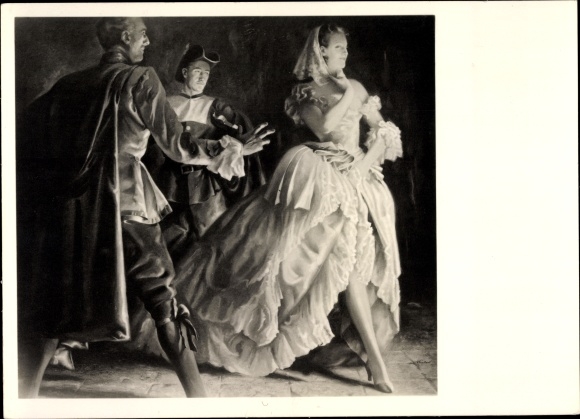 Künstler Ak Engelhard, Julius H., Begegnung, Dame im Kleid und zwei Männer, HDK 423
