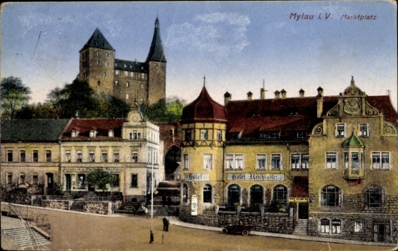 Ak Mylau Reichenbach im Vogtland, Marktplatz, Hotel Reichsadler