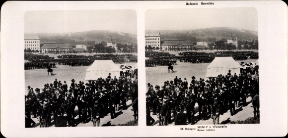 Stereo photo Budapest Hungary, 1906, army review