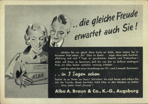 Ak Augsburg in Schwaben, Prismenglas Alba, Firma Alba A. Braun & Co. KG, Prismenfeldstecher