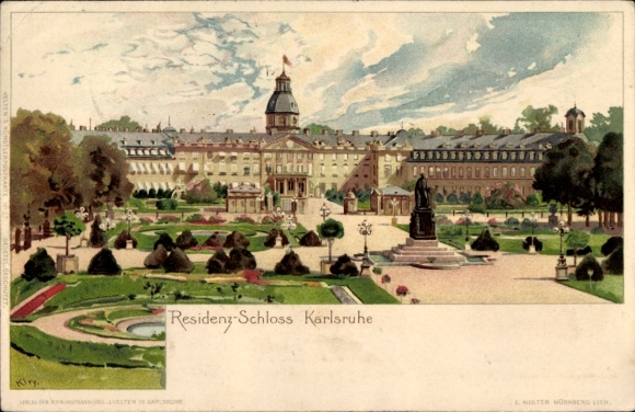 Postcard Karlsruhe in Baden, castle gardens, statue, clouds, historical architecture