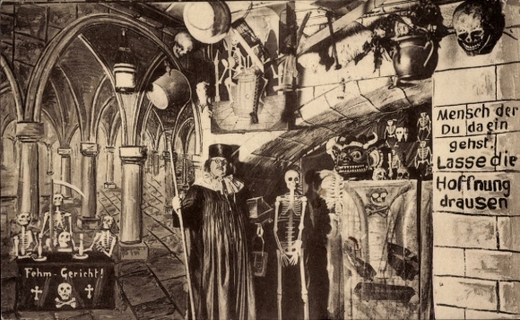 Postcard Dresden Altstadt, catacombs greeting from the "Bauern-Schänke", skeletons, skull, Josephus Linke