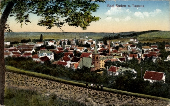 Postcard Bad Soden am Taunus Hessen, view of houses, church tower, green landscape