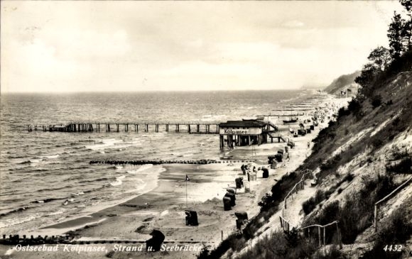 Postcard Ostseebad Kölpinsee on Usedom, beach, pier