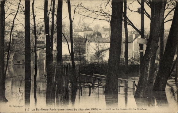 PC Créteil Val de Marne, flood, trees, houses, bridge, January 1910