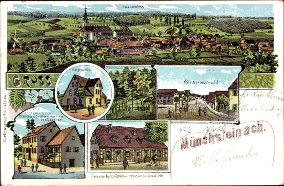 Chromo-Litho Münchsteinach Middle Franconia, street scene, brewery, inn, grocery store