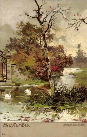 Artist Postcard Allegory, Month September, Swans, Pond
