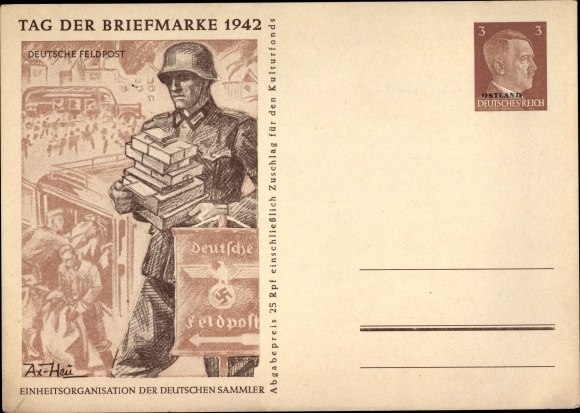 Ganzsachen Ak Axster Heudtlaß, Tag der Briefmarke 1942, Soldat mit Päckchen und Briefen