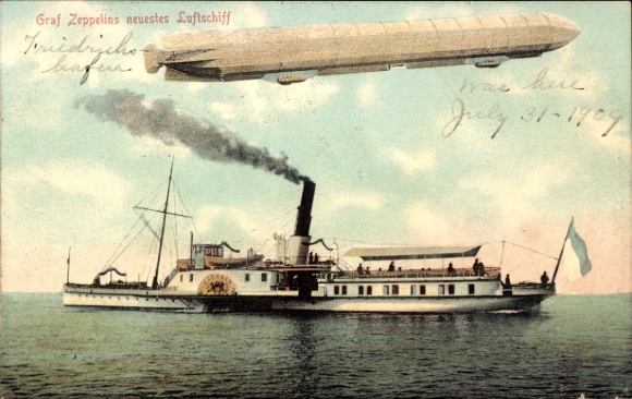Widokówka z Friedrichshafen nad Jeziorem Bodeńskim, Zeppelin, parowiec