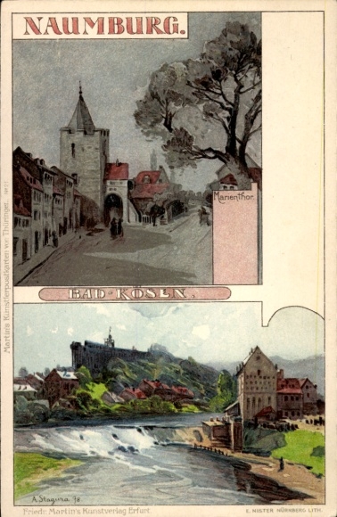 KP Bad Kösen Naumburg an der Saale, zabytkowe budynki, Brama Mariacka, widok na rzekę, motyw artystyczny