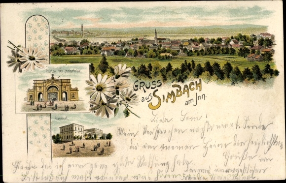Chromo-Litho Simbach am Inn in Lower Bavaria, train station, portal of the Inn bridge, panorama of the place
