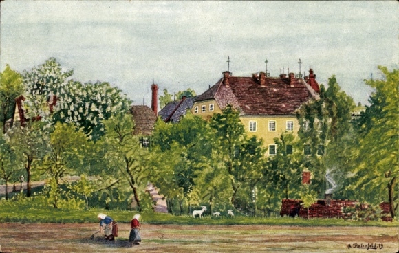 Artist Postcard Rahnfeld, A., Steinpleis Werdau in Saxony, Oberrittergut, Women at Work