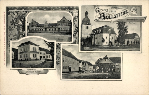 Postcard Bollstedt Weinbergen Thüringen, Gasthof zum Deutschen Kaiser, School, Church, Main Street